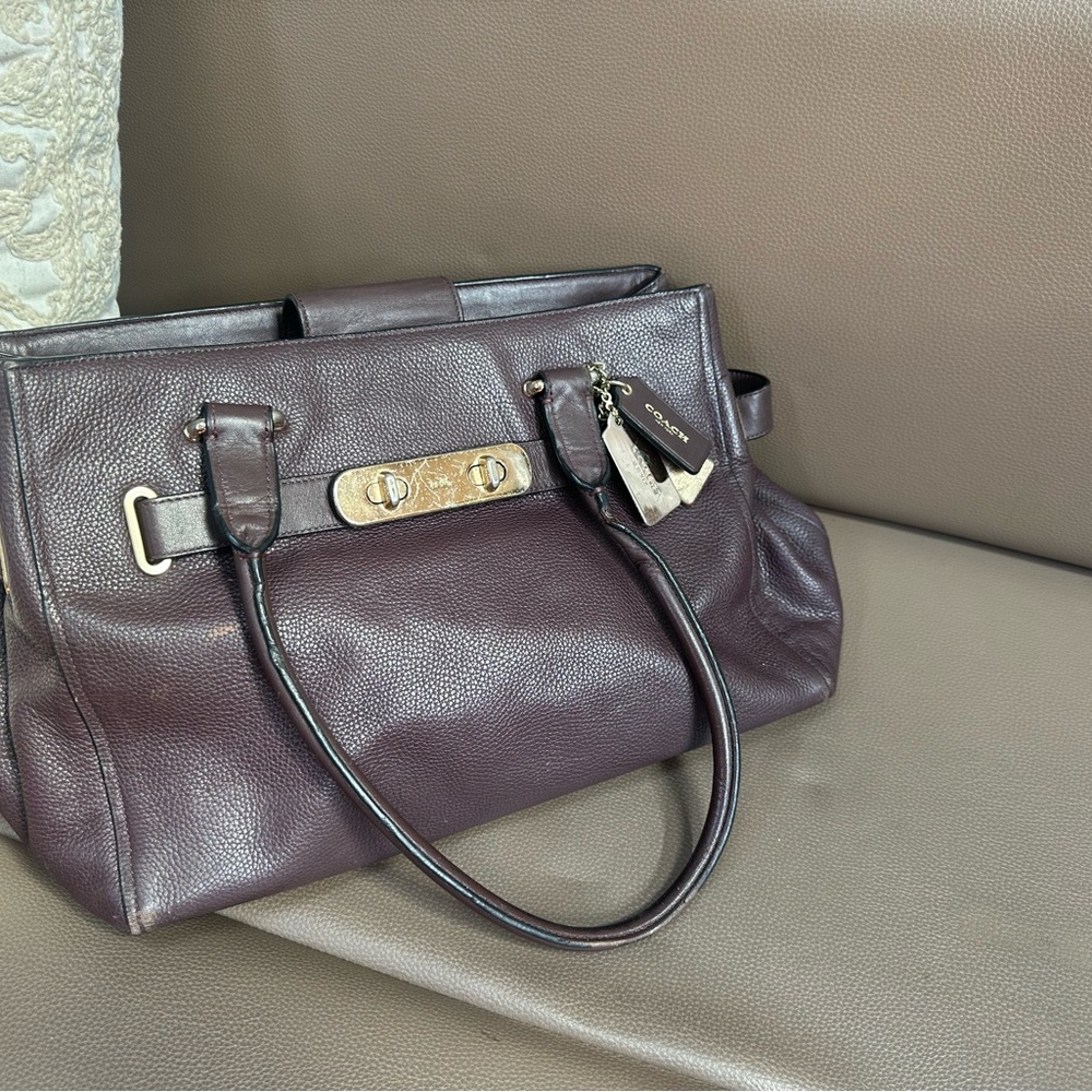 Dark Burgundy Leather Bag with Gold Accents